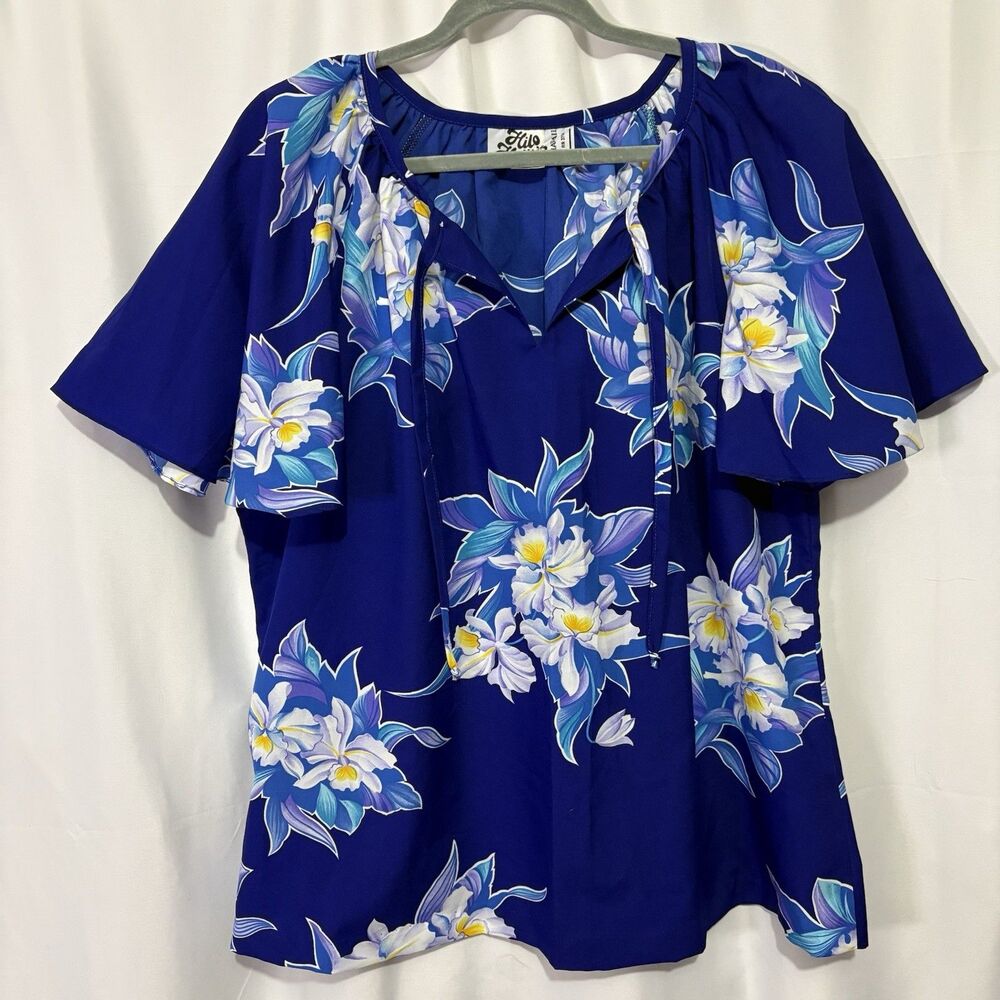 Hilo Hattie Hawaiian Blue Floral Flutter-Sleeve Peasant Blouse Top Size L  Aloha